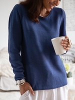 Blue Round Neck Simple Cotton Long Sleeve Sweaters - Noracora
