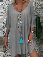 Blue Round Neck Solid Cotton-Blend Half Sleeve Causal Dresses