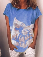 Blue Short Sleeve Animal Crew Neck T-Shirts - Noracora