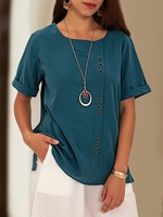 Blue Short Sleeve Casual Buttoned T-Shirts - Noracora