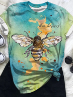 Blue Short Sleeve Crew Neck Printed T-Shirts - Noracora