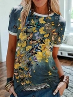 Blue Short Sleeve Printed Crew Neck Cotton-Blend T-Shirts - Noracora