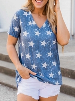 Blue Short Sleeve V Neck Cotton-Blend T-Shirts - Noracora