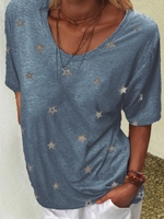 Blue Short Sleeve V Neck T-Shirts - Noracora