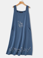 Blue Sleeveless Floral-Print Cotton Causal Dresses - Noracora