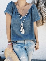 Blue V Neck Casual T-Shirts - Noracora