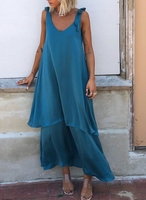 Blue V Neck Cotton-Blend Casual Solid Causal Dresses