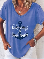 Blue V Neck Cotton Short Sleeve T-Shirts - Noracora