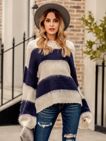 Blue White Crew Neck Casual Striped Sweaters