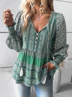 Boho Ethnic Spring/Fall Viscose Daily Loose Long Sleeve Regular Regular Shirts for Women