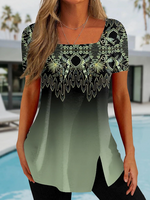 Boho Ethnic Summer Square neck No Elasticity Loose Jersey Regular A-Line Shirts for Women