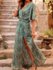 Boho Summer Disty Floral Polyester V neck Natural Vacation H-Line Regular Dresses for Women