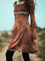 Brown Cotton Round Neck Printed Long Sleeve Dresses - Noracora