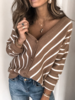 Brown Knitted Long Sleeve V Neck Sweaters