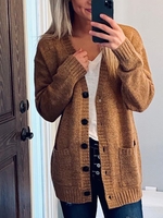 Brown Pockets Long Sleeve Solid Sweaters - Noracora