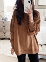 Brown Round Neck Long Sleeve Cotton Solid Tops - Noracora