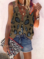 Buttoned V Neck Boho Leopard Tanks & Camis - Noracora