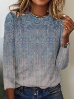 Casual Abstract Autumn Micro-Elasticity Loose Jersey Long sleeve Crew Neck Regular T-shirt for Women