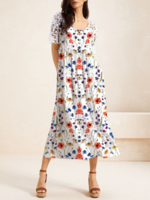 Casual Abstract Summer Cotton High Elasticity Daily Loose H-Line Lace Collar Dresses for Women