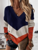 Casual Color Block Autumn V neck Loose Hot List Long sleeve H-Line Regular Tunic Sweatshirts for Women