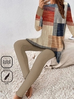 Casual Color Block Spring/Fall Daily Jersey Crew Neck Top With Pants H-Line Regular Two-Piece Sets for Women