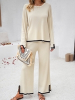 Casual Color Block Spring/Fall Micro-Elasticity Loose Long Sleeve Top With Pants H-Line Regular Two-Piece Sets for Women