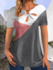 Casual Color Block Summer Natural High Elasticity Loose Short Sleeve Notched H-Line T-shirts for Women