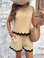 Casual Color Block Summer Natural No Elasticity Daily Loose Top With Pants H-Line Two-Piece Sets for Women