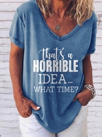 Casual Cotton-Blend Printed V Neck T-Shirts - Noracora