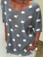 Casual Cotton-Blend Round Neck Blouses&shirts - Noracora