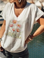 Casual Cotton Blends V Neck T-Shirts