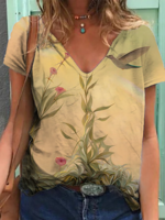 Casual Cotton Floral V Neck T-Shirts - Noracora