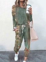 Casual Ethnic Spring/Fall Polyester Daily Long Sleeve Top With Pants H-Line Regular Two-Piece Sets for Women