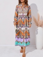 Casual Ethnic Spring/Fall Polyester Regular Fit Maxi Long Sleeve X-Line Shirt Dress Dresses for Women