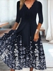 Casual Floral Autumn V neck Micro-Elasticity Loose Jersey Long Regular Size Dresses for Women