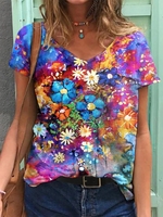 Casual Floral Cotton-Blend T-Shirts - Noracora