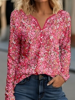 Casual Floral Spring/Fall Daily Loose Jersey Long Sleeve Regular H-Line T-shirts for Women