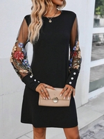 Casual Floral Spring/Fall Natural High Elasticity Daily Loose Long Sleeve Crew Neck Dresses for Women