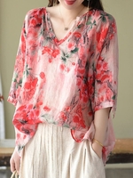 Casual Floral Spring/Fall No Elasticity Daily Three Quarter Sleeve Crew Neck Regular H-Line Shirts for Women