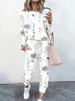 Casual Floral Spring/Fall Polyester Loose Crew Neck Top With Pants Regular Regular Sleeve Two-Piece Sets for Women
