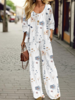 Casual Floral Spring/Fall Polyester Natural Daily Loose Best Sell Regular Two-Piece Sets for Women