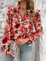 Casual Floral Spring/Fall Polyester No Elasticity Daily Long Sleeve Regular Shirt Collar Blouses for Women