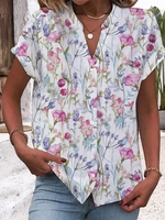 Casual Floral Summer Cotton V neck Daily Short Sleeve Regular H-Line Shirts for Women