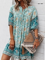 Casual Floral Summer Daily Midi Short Sleeve H-Line Notched No Dresses for Women