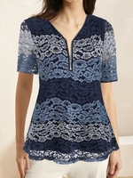 Casual Floral Summer Lace Zipper Household Short Sleeve Regular Regular Shirts for Women
