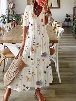 Casual Floral Summer Natural Loose Half sleeve H-Line Regular CR Dresses for Women