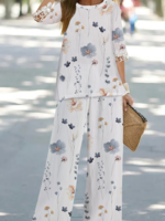Casual Floral Summer Natural No Elasticity Daily Crew Neck H-Line Lace Edge Two-Piece Sets for Women