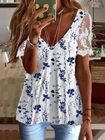 Casual Floral Summer Polyester Lace Mid-long A-Line Regular FF Shirts for Women