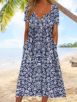 Casual Floral Summer Polyester Loose Short Sleeve H-Line Half Open Collar No Dresses for Women