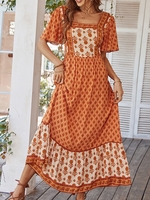 Casual Floral Summer Polyester Vacation Maxi Short Sleeve H-Line No Dresses for Women